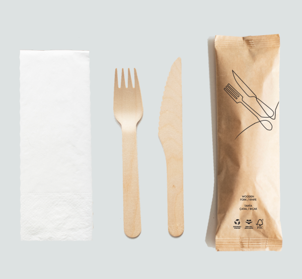 200 Adet Tahta Çatal Bıçak Peçete İkram Seti - Tek Kullanım