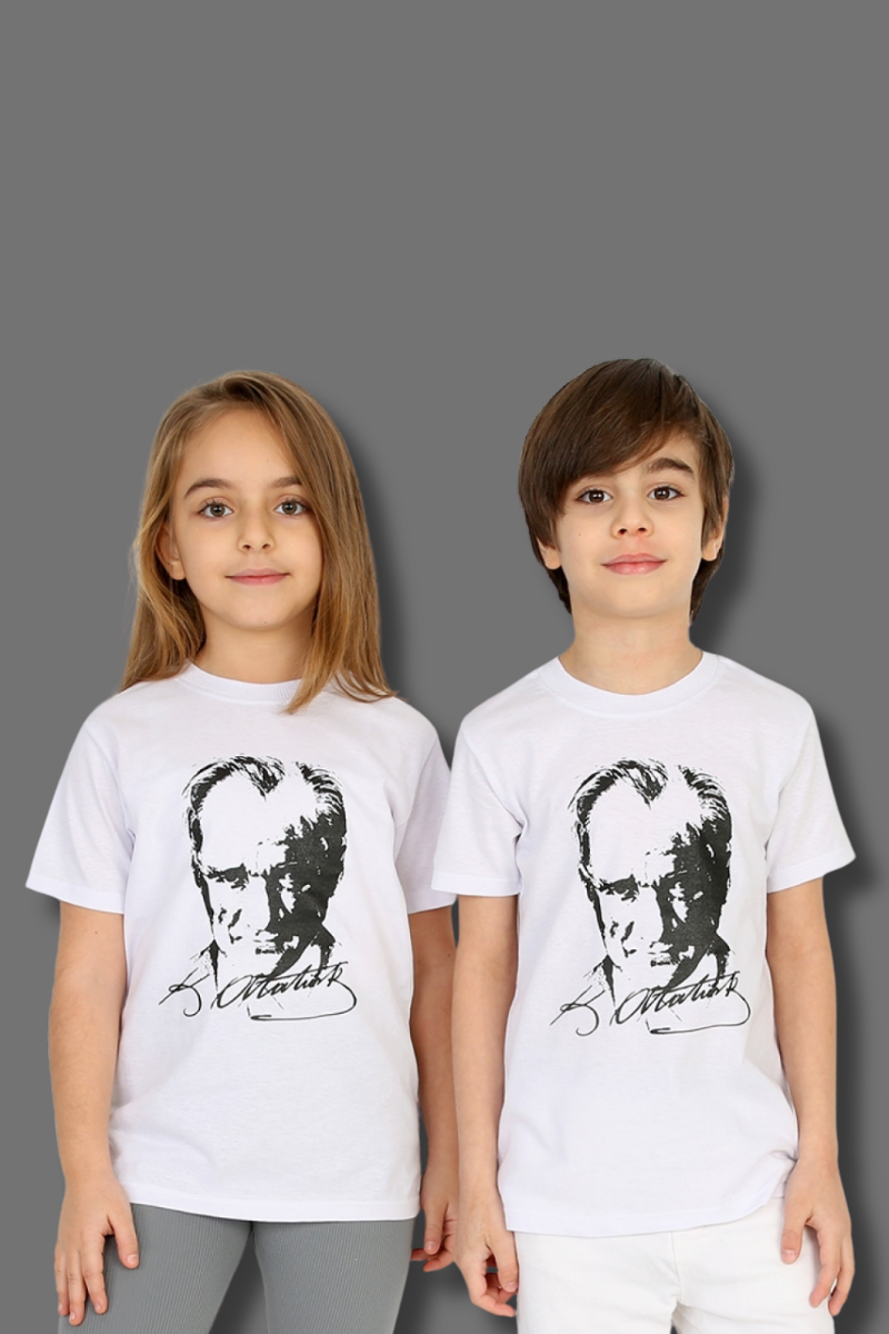 Bisiklet Yaka Atatürk Baskılı Kısa Kol Beyaz Tişört 16 Yaş