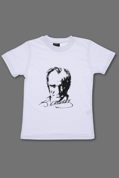 Bisiklet Yaka Atatürk Baskılı Kısa Kol Beyaz Tişört 16 Yaş