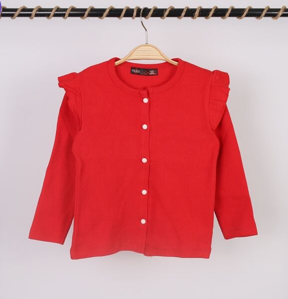 Kız Çocuk Omuz Fırfır Detaylı Düğmeli Kırmızı Hırka 3 Yaş