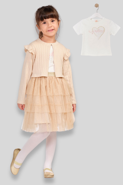 Kız Çocuk Kalp Nakışlı Hırkalı Tül Etekli Üçlü Takım