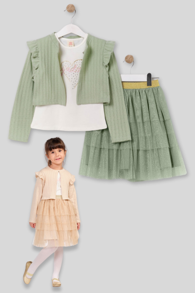 Kız Çocuk Kalp Nakışlı Hırkalı Tül Etekli Üçlü Takım Yeşil - 6 Yaş