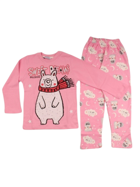Kız Çocuk Ayıcık Temalı Pamuklu Pijama Takım
