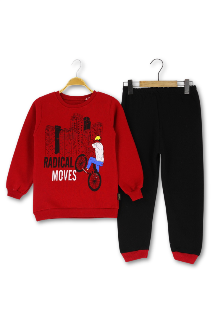 Erkek Çocuk 3 İp Şardonlu Bisiklet Temalı Eşofman Takım Kırmızı - 5 Yaş