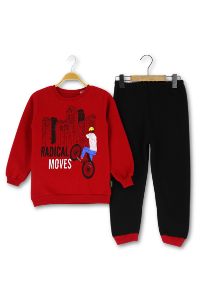 Erkek Çocuk 3 İp Şardonlu Bisiklet Temalı Eşofman Takım Kırmızı - 5 Yaş