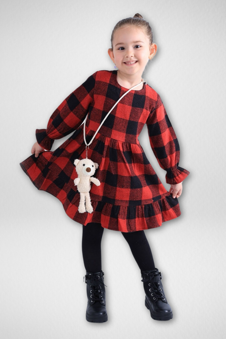 Kız Çocuk Oduncu Ekose Elbise Askılı Ayıcık 6 Yaş