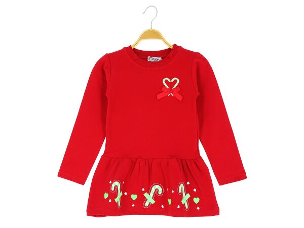 Kalpli 2 İp Şardonlu Baston Şekerli Kırmızı Elbise 3 Yaş
