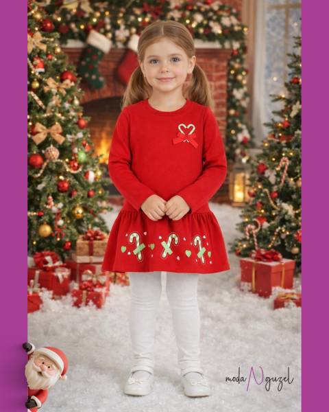 Kalpli 2 İp Şardonlu Baston Şekerli Kırmızı Elbise 3 Yaş