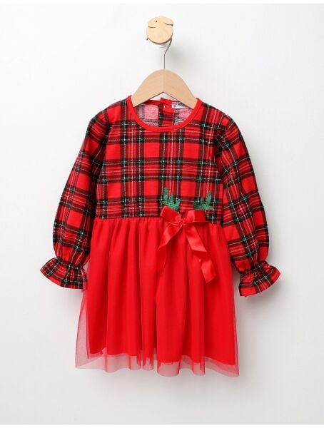 Kız Çocuk Ekoseli Kırmızı Elbise 5 Yaş